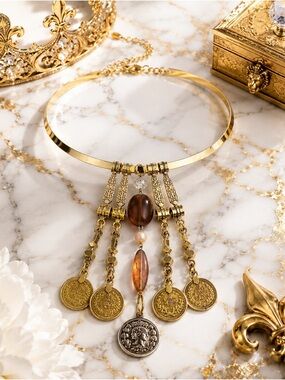 RUBYRUDI Artisan Gold-Tone Coin Fringe Empress Necklace Collar Choker Cleopatra